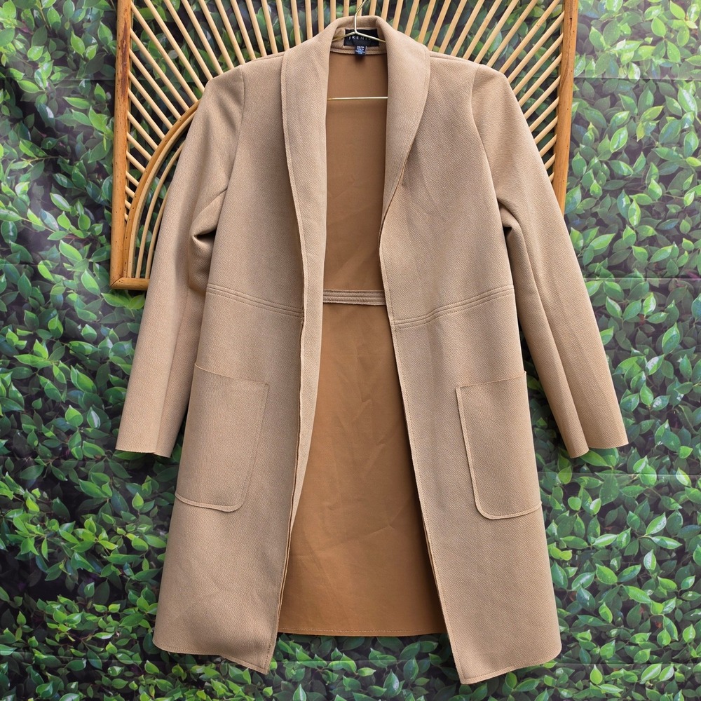Premise Tan Faux Leather Lined Open Front Longline Jacket Tan XS